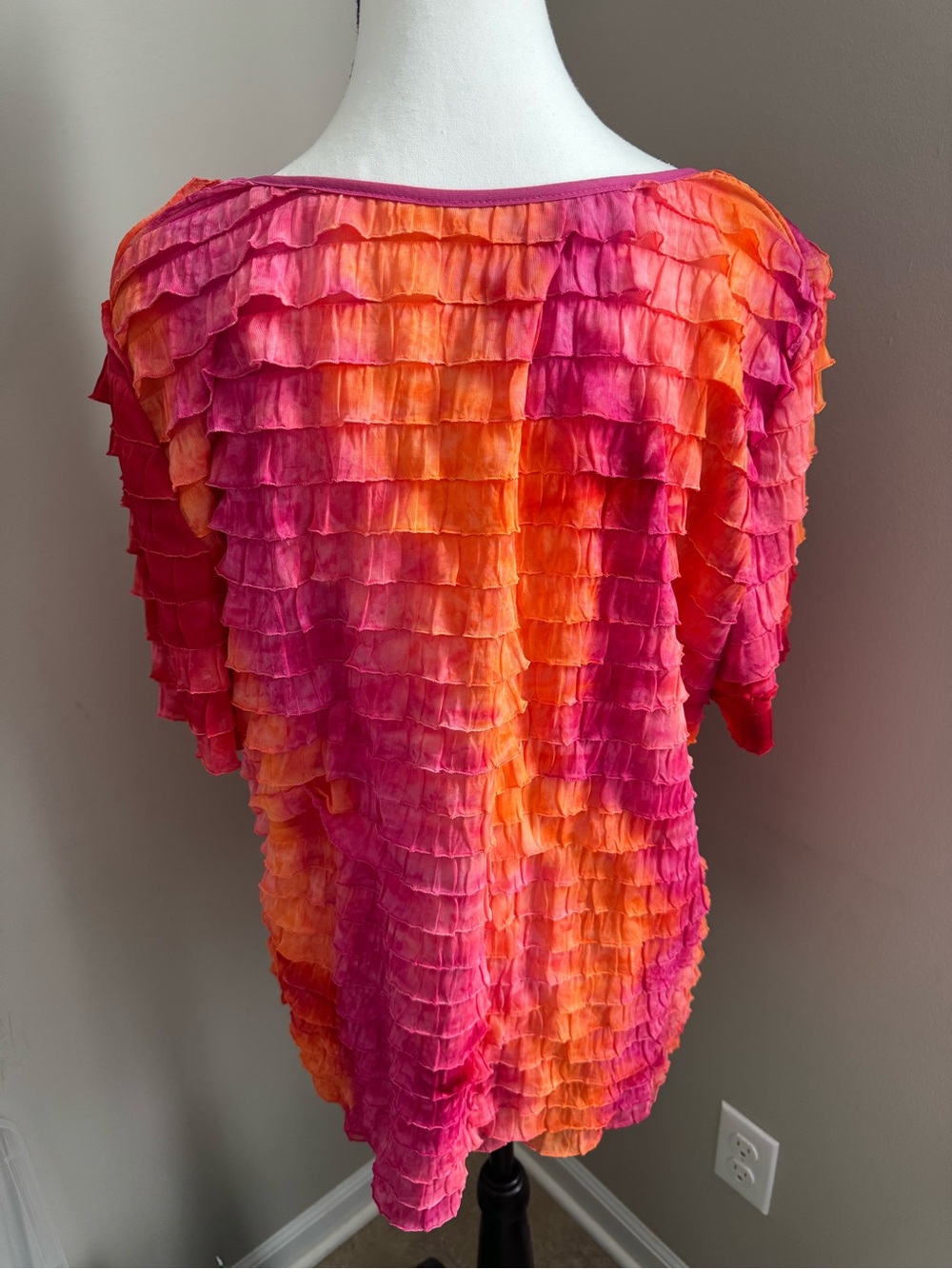 Ruffle Layered Blouse Pink Orange Ombre Boho Short Sleeve Top Womens Large - Picture 4 of 10